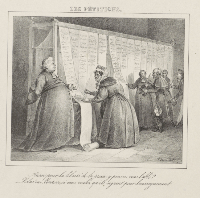 ‘Les pétitions’. Spotprent op de Belgische petities voor de vrijheid van onderwijs en de vrijheid van drukpers voor de liberale partij, door J.L. van Hemelryck, 1829. Collectie Rijksmuseum, Amsterdam.